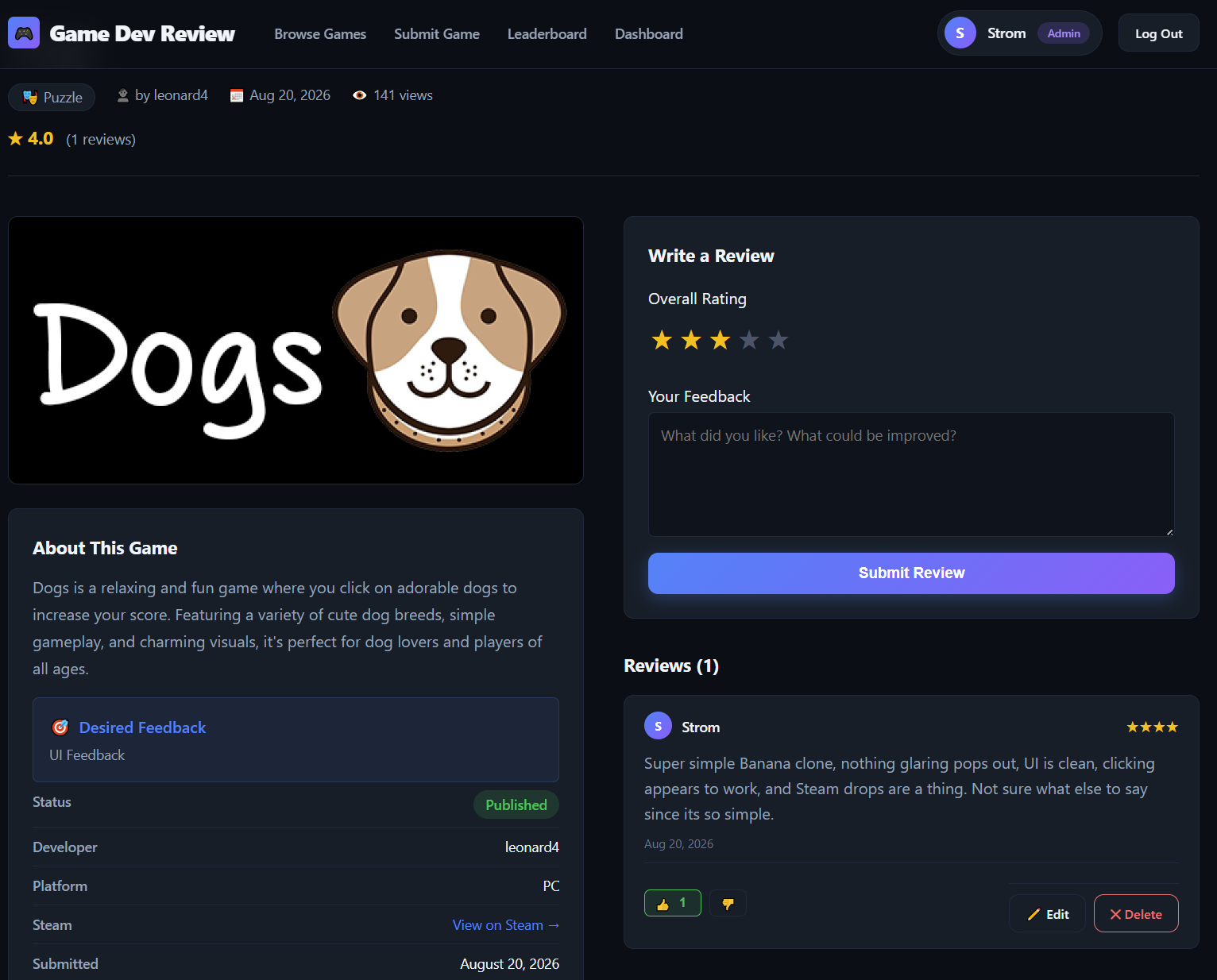 GameReviews game page